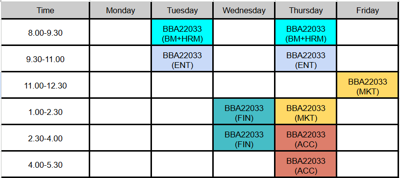 BBA 22033 – Business Information Systems  Timetable for Selected Students